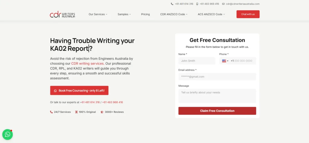 CDR Writers australia landing page