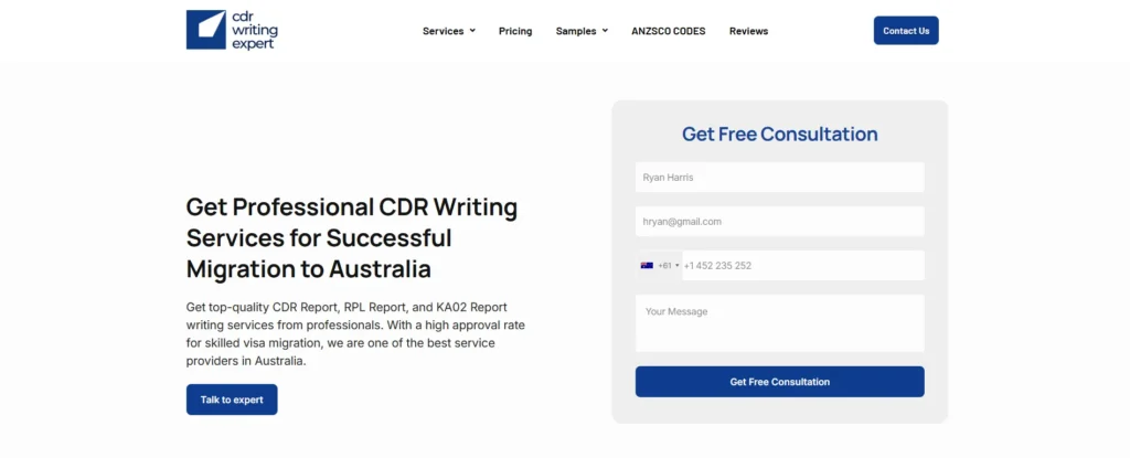 CDR Writing Expert landing page